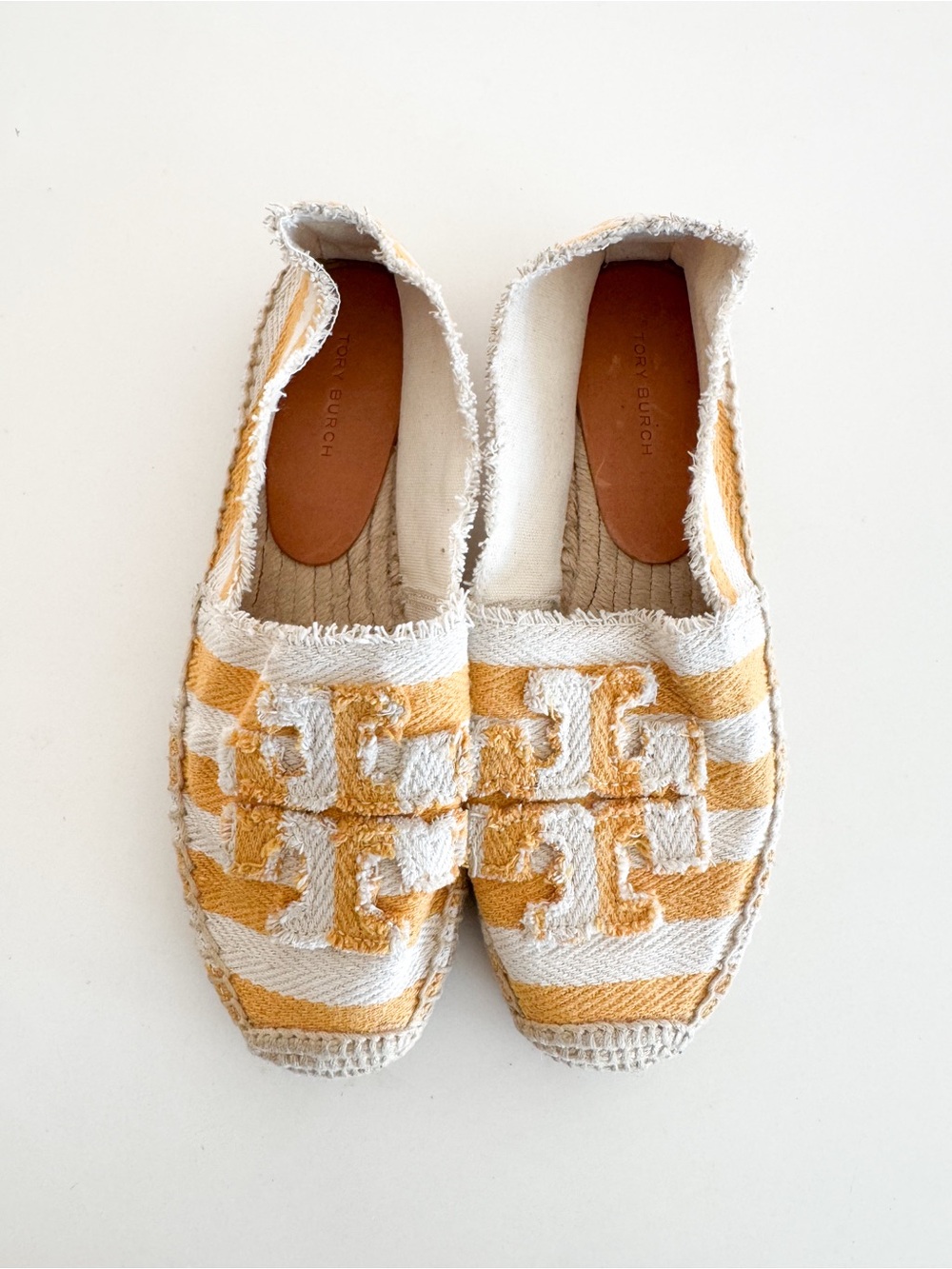 Nwot Tory Burch Yellow & White Striped Logo Espadrilles